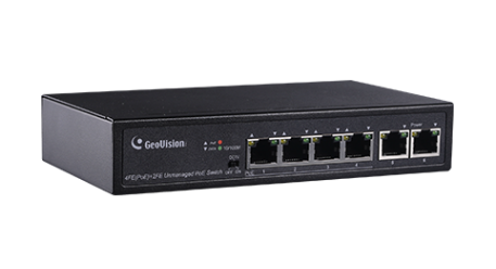 GV-Long Distance,6-port 10/100 Mbps unmanaged PoE Switch with 4 PSE/POE ports and 2 uplink ports.