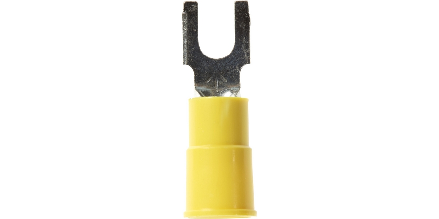 Fork Terminal, Brazed Seam Barrel, 600/1000 Volt, 1.03" Length x 0.32" Width x 0.04" Thk, 12 to 10 AWG Conductor, #8 Stud, Electrolytic Copper, Yellow Vinyl Insulated