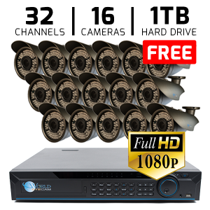 32 CH DVR with 16 HD 1080P Varifocal 2.8-12mm Security Bullet IR 200ft Night Vision HD Kit for Business Professional Grade FREE 1TB Hard Drive