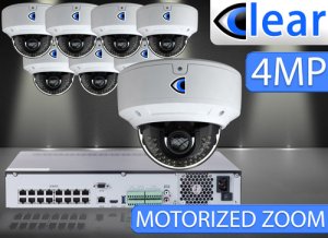 32 CH NVR with (8) IPX6 4 Megapixel, 3.3-12mm Motorized Lens, 30m IR, H.265, CVBS (BNC) Optional, Network IP Dome Camera 