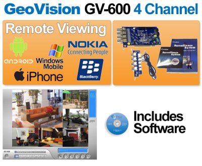 Geovision GV-600B 4 Channel Video Capture DVR Card GV600B with version V8.5 Complete Webcam Software Suite Included