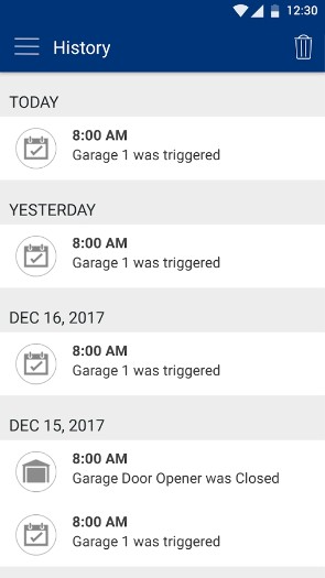 Chamberlain MyQ App Screenshot of History: Today at 8 AM: Garage was triggered. Yesterday at 8 AM: Garage was triggered. Dec 16, 2017 at 8AM: Garage was triggered. Dec 15, 2017 at 8AM, Garage Door Opener was Closed. Garage Door Was Triggered.