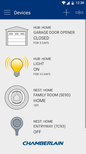Chamberlain MyQ App Screenshot of Devices Tab: Garage Door Opener Closed. Light On. Nest Family Room at 70 degrees Fahrenheit. Nest Entryway Camera Off.