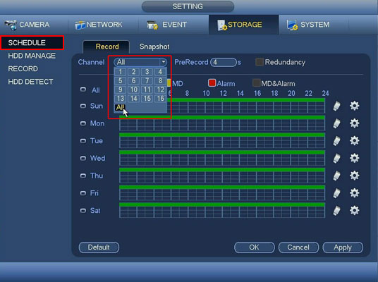 iMaxCamPro DVR schedule menu