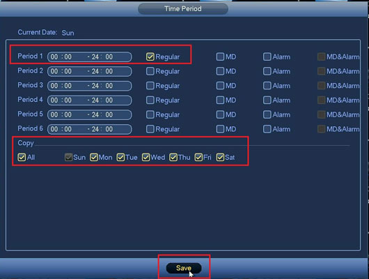 iMaxCamPro DVR schedule time period menu