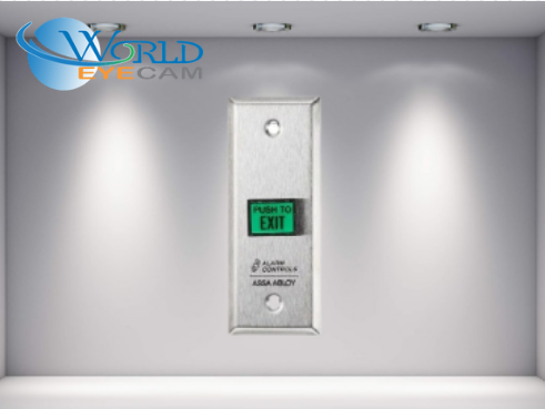 Pushbutton, Momentary, DPDT, 35/120 VAC, 3A, 1-3/4" Wall Plate, 5/8" x 7/8" Rectangular, 1-1/4" Switch Depth Behind Plate, Stainless Steel, Green, Legend PUSH TO EXIT