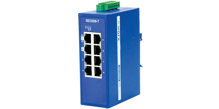 8-port GbE Lite-Managed Industrial Ethernet Switch, 10/100/1000Mb, eWorx, IEEE 802.1p QoS, Temp -40 to 75C