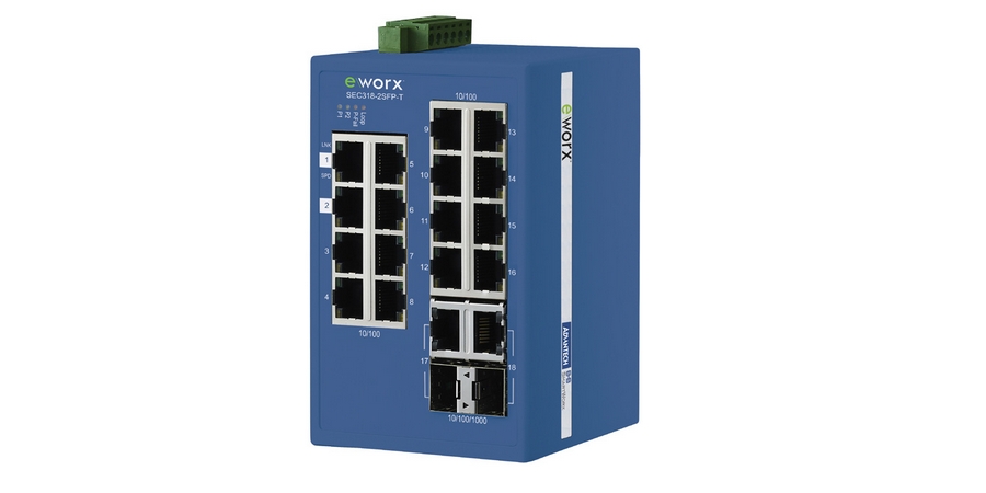 18-Port Lite-Managed Industrial Ethernet Switch, 16-port 10/100Mbps + 2-port GbE Combo (SFP or Copper), eWorx, IEEE 802.1p QoS, Temp -40 to 75C