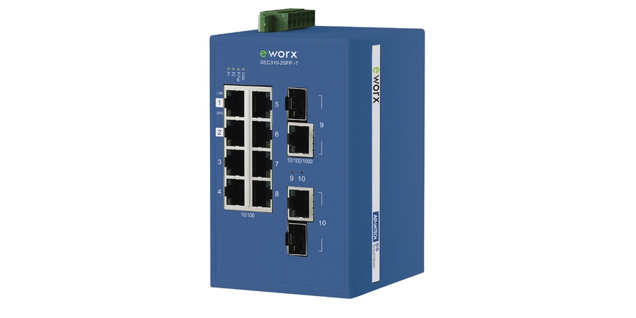 8-port 10/100Mbps + 2-port GbE Combo (SFP or Copper) Lite-Managed Industrial Ethernet Switch, eWorx, IEEE 802.1p QoS, Temp -40 to 75C