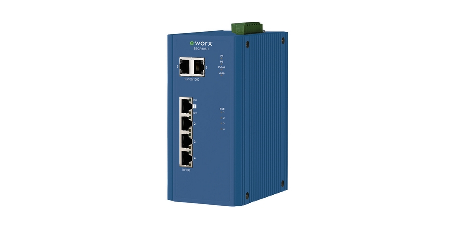 6 Port PoE+ Industrial Ethernet Switch with SNMP and Modbus/TCP Capability, 4 x 10/100BaseT(X) with PoE + 2GE, eWorx, IEEE 802.1p QoS, Temp -40 to 75C