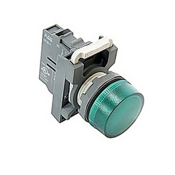 Modular pilot light with flat round green lense and 22mm mounting, incandescent bulb and 120V AC and 110V DC lamp voltage