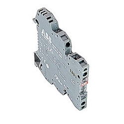 R600, 6 mm wide, 24 V DC optocoupler module with screw clamp connections and a 100 milliamp rated solid state output