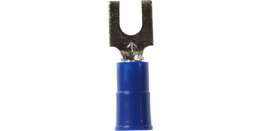 Fork Terminal, Butted Seam Barrel, 600/1000 Volt, 0.85" Length x 0.3" Width x 0.03" Thk, 16 to 14 AWG Conductor, #8 Stud, Electrolytic Copper, Blue Vinyl Insulated