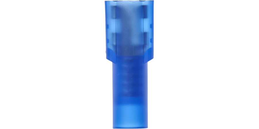 Disconnect Terminal, Female, Butted Seam Barrel, 600/1000 Volt, 0.87" Length x 0.25" Width x 0.032" Thk, 16 to 14 AWG Conductor, Brass, Blue Nylon Insulated