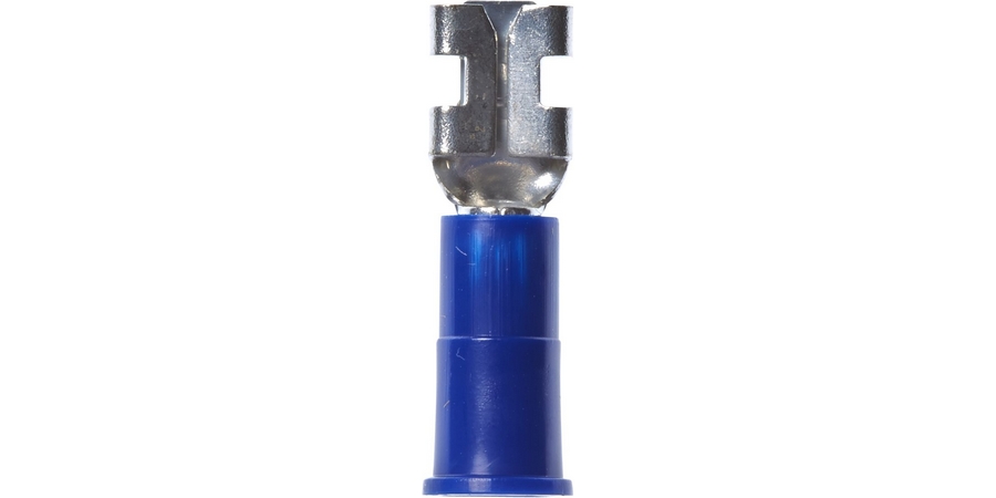 Disconnect Terminal, Female, Butted Seam Barrel, 600/1000 Volt, 0.87" Length x 0.25" Width x 0.032" Thk, 16 to 14 AWG Conductor, Brass, Blue Vinyl Insulated