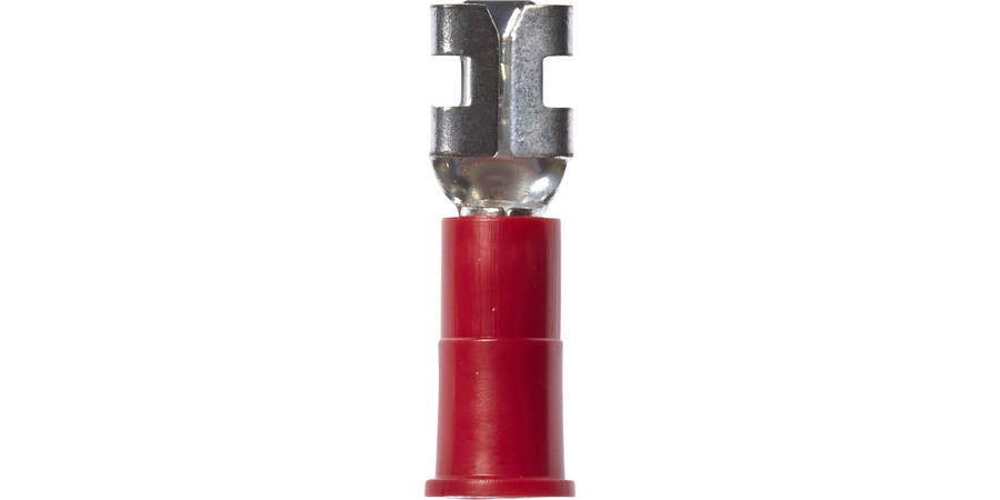 Disconnect Terminal, Female, Butted Seam Barrel, 600/1000 Volt, 0.87" Length x 0.25" Width x 0.032" Thk, 22 to 18 AWG Conductor, Brass, Red Vinyl Insulated