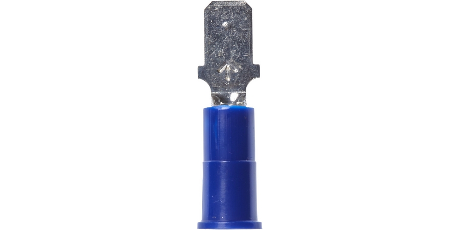Disconnect Terminal, Male, Butted Seam Barrel, 600/1000 Volt, 1.05" Length x 0.25" Width x 0.032" Thk, 16 to 14 AWG Conductor, Electrolytic Copper, Blue Vinyl Insulated