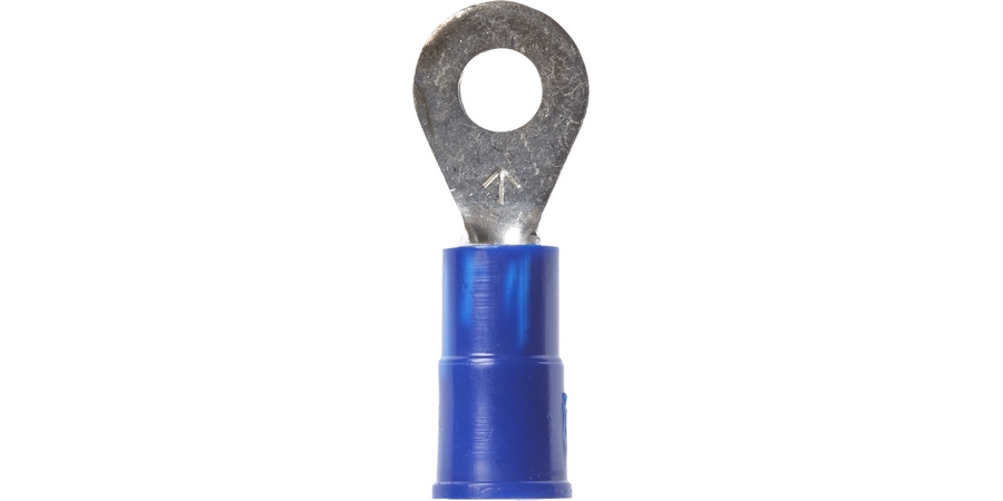 Ring Terminal, Butted Seam Barrel, 600/1000 Volt, 0.93" Length x 0.31" Width x 0.03" Thk, 16 to 14 AWG Conductor, #8 Stud, Electrolytic Copper, Blue Vinyl Insulated