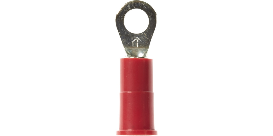 Ring Terminal, Butted Seam Barrel, 600/1000 Volt, 0.93" Length x 0.31" Width x 0.03" Thk, 22 to 18 AWG Conductor, #8 Stud, Electrolytic Copper, Red Vinyl Insulated