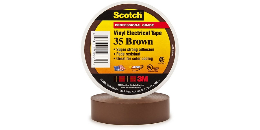 Electrical Tape, Premium Grade, 66’ Length x 3/4" Width x 7 Mil Thk, 17 Inch-Lb. Breaking Strength, Polyvinyl Chloride Backing, Rubber Resin Adhesive, Brown Color