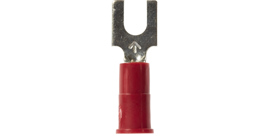 Fork Terminal, Brazed Seam Barrel, 600/1000 Volt, 0.85" Length x 0.3" Width x 0.03" Thk, 22 to 18 AWG Conductor, #6 Stud, Electrolytic Copper, Red Vinyl Insulated