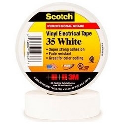 Electrical Tape, Premium Grade, 1/2" Width x 20’ Length x 7 Mil Thk, 17 Lb/Inch Breaking Strength, Polyvinyl Chloride Backing, Rubber Resin Adhesive, White