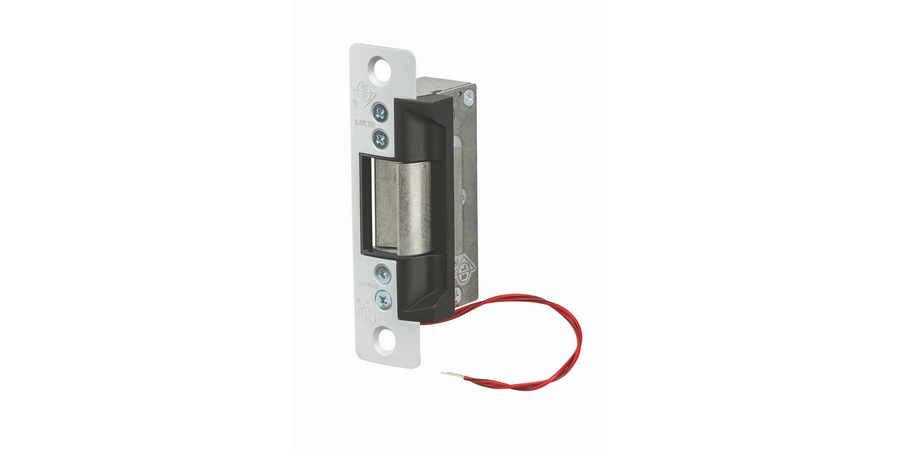 Door Electric Strike, Standard/Fail Secure, 12 Volt DC, Clear Anodized, With 4-7/8" Radius Faceplate, For Aluminum Door