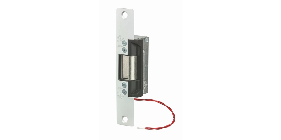 Door Electric Strike, Standard/Fail Secure, 12 Volt DC, Clear Anodized, With 6-7/8" Radius Faceplate, For Aluminum Door