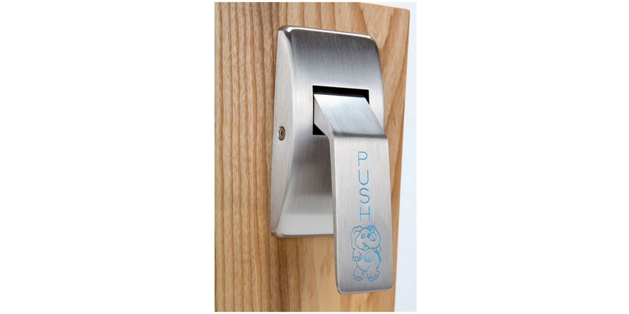Door Push/Pull Latch, Low Profile Cylindrical, 2" Backset, 4-7/8" ASA Strike, 2-3/4" Width x 2-7/16" Depth x 5-3/8" Height, Satin Stainless Steel, For Hospital