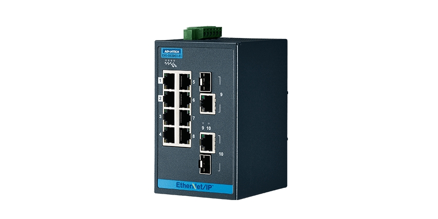 8-port 10/100Mbps + 2-port GbE Combo (SFP or Copper) EtherNet/IP Managed Ethernet Switch, -40 to ...
