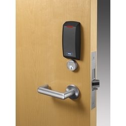 Door Cylinder Lock, Fail Secure, L-Lever, L-Rose, 24 Volt DC, 4-7/8" ANSI Strike, Multiclass Reader, Key Override, Dark Oxidized Satin Bronze
