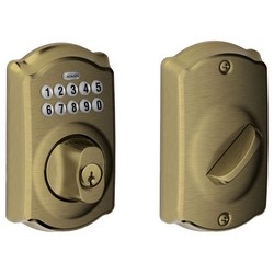 Door Lock Keypad Deadbolt, Camelot Lever, Antique Brass, With Triple Latch, Round Corner Strike