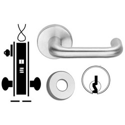 Door Mortise Lock, Keyed, Electrically Locking, C Keyway, 12/24 Volt DC, 2-13/16" Depth Lever, Request-To-Exit, Satin Chrome, With Cylinder, A Rose Trim, For Storeroom