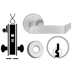 Door Mortise Lock, Keyed, Electrically Locking, E Keyway, 12/24 Volt DC, 2-1/2" Depth Lever, Request-To-Exit, Bright Chrome, With Cylinder, A Rose Trim, For Storeroom