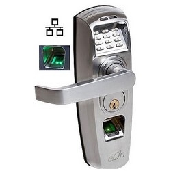 Access Control Pin and Biometric Lock, Grade 2 Tubular, Lever Handle, 3" Width x 1-1/2" Depth x 9.5" Height, Satin Chrome, With PoE