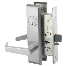 Mortise Lever Lock, Augusta, Electrified, Escutcheon Trim, Reversible, Right Hand, Fail Secure, 24 Volt DC, Satin Chrome, Without Cylinder