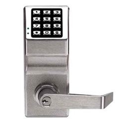 Door Lock, Digital, Weatherproof Key, Non-Handed, 100 User Code, 1-5/8 to 1-7/8" Door Thickness, Polished Brass, With Straight Lever Trim, Cylinder