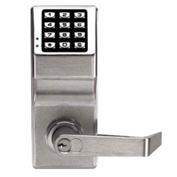 Door Lock, Digital, Interchangeable Core, Non-Handed, Medeco, 100 User Code, 1-5/8 to 1-7/8" Door Thickness, Satin Chrome Plated, With Straight Lever Trim, Cylinder