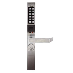 Door Lock, Prox, Digital, Narrow Stile, Non-Handed, 2000 User Code, 1-3/4" Door Thickness, Satin Chrome Plated, With Straight Lever Trim, Cylinder, For Exit Device