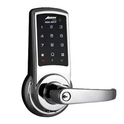 Stand-Alone Touchscreen Lock, 2-3/4" Backset, 1-1/8" Beveled Front Latch, ANSI Strike, CS Keyway, Satin Chromium Plated, With Key Override, Sierra Lever and Angled Return