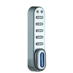 Electronic Cam Lock, Vertical, 5-Key, Silver Gray, Packed with 1-1/8" Spindle, For 1/2 to 1" Thickness Locker