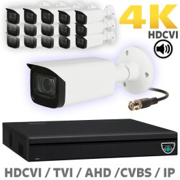 16 CH XVR with 16 4K 8MP Starlight Audio Motorized Zoom Bullet Cameras UHD Kit for Business Professional Grade FREE 1TB Hard Drive