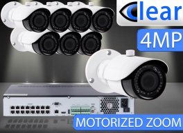 32 CH NVR with (8) IPX13 4 Megapixel, 3.3-12mm Motorized Lens, 30m IR, H.265, CVBS (BNC) Optional, Network IP Bullet Camera 