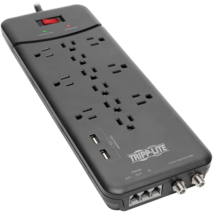 Tripp Lite Protect It! 12-Outlet Surge Protector - 8 ft. (2.43 m) Cord, 4320 Joules, Tel/Modem/Coax Protection, 2 USB Ports, Black (TLP128TTUSBB)