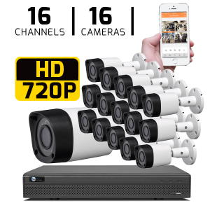 16 CH DVR with 16 HD 720P Security Bullet Cameras & HD DVR Kit for Business Professional Grade