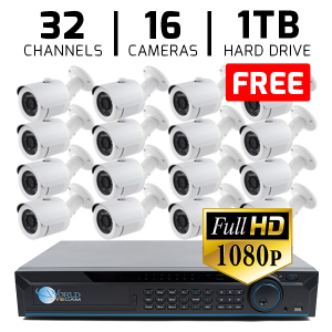 32 CH DVR with 16 HD 1080P Security Bullet IR 135ft Night Vision & HD-CVI DVR Kit for Business Professional Grade + 1 TB Free Hard Drive