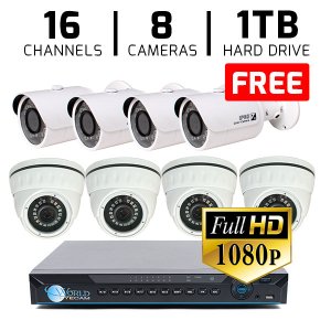 16 CH DVR with 8 HD 1080p Security Dome & Bullet DVR Kit for Business Professional Grade + FREE 1TB Hard Drive
