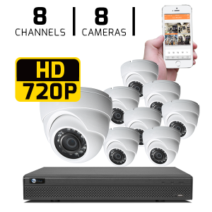 8 CH DVR with 8 HD 720P Security Domes & HD DVR Kit for Business Professional Grade
