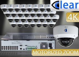 32 CH NVR with (32) 4K IPX10 8 Megapixel, 3.3-12mm Motorized Lens, 30m IR, H.265, CVBS (BNC) Optional, Network IP Dome Camera, & 16 Channel POE Switch