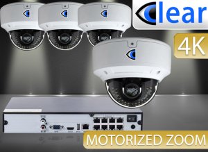 8 CH NVR with (4) 4K IPX10 8 Megapixel, 3.3-12mm Motorized Lens, 30m IR, H.265, CVBS (BNC) Optional, Network IP Dome Camera